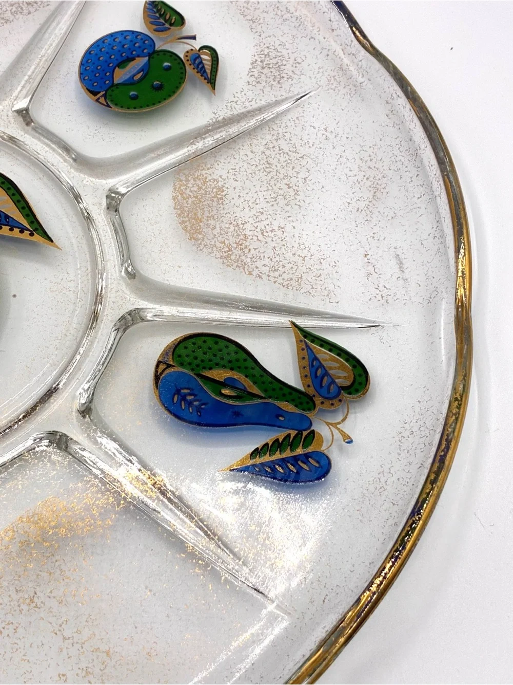 Vintage Georges Briard Divided Glass Serving Tray Gold Blue Green Fruit MCM